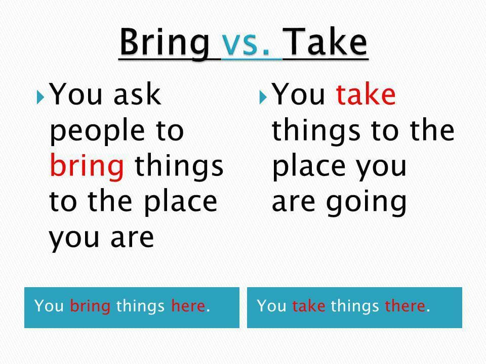 Having brought перевод. Глагол to bring. Разница между bring и take. Bring and take difference. Разница глаголов bring take.