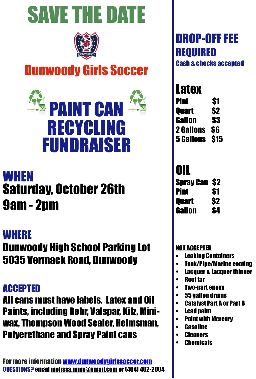 Dunwoody Girls Soccer Paint Recycling Fundraiser